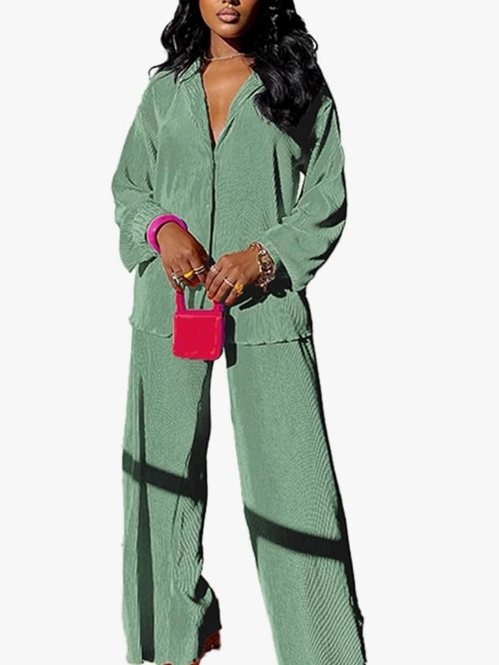 Wide-Leg Teal Green Jumpsuit Set - Relaxed Button-Front Top & Pants